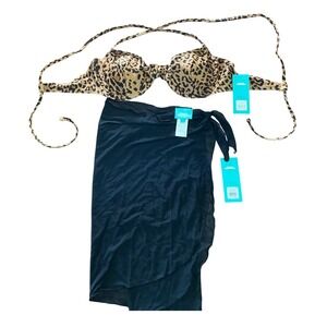 Sports Illustrated Leopard Print‎ Bikini Top & Black Mesh Sarong Set Size L NWT